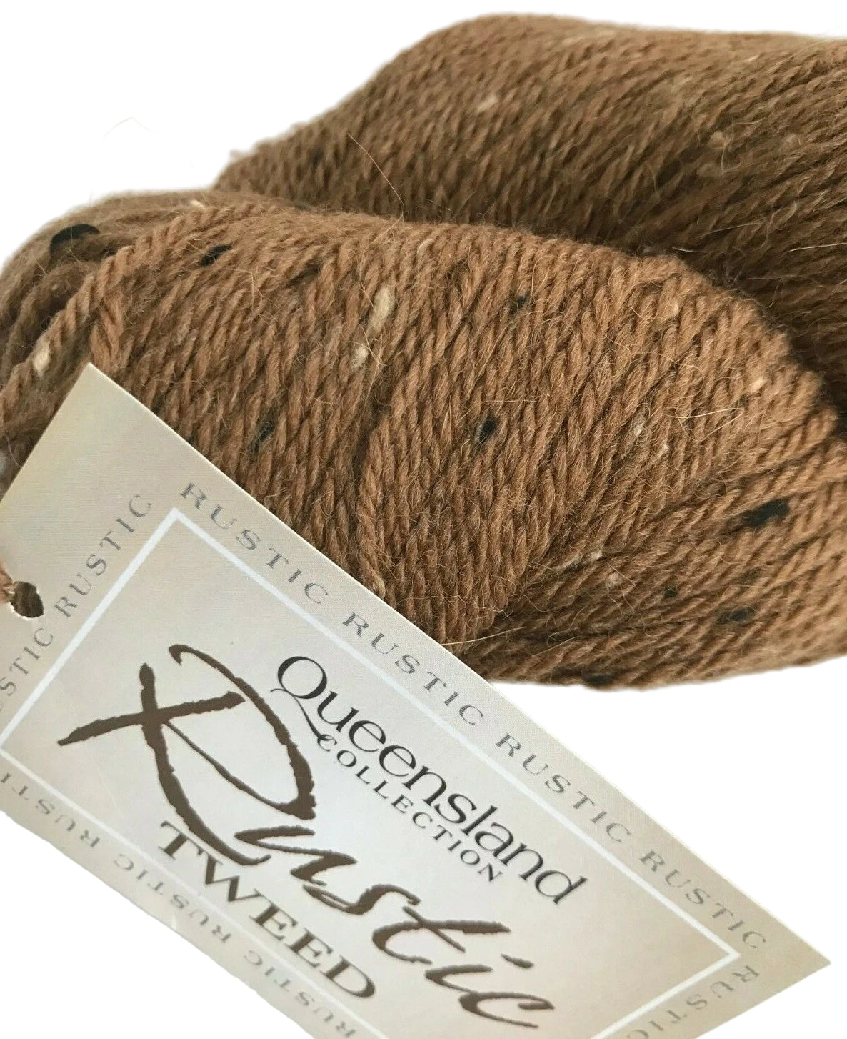 Brown yarn skein with a label on a white background