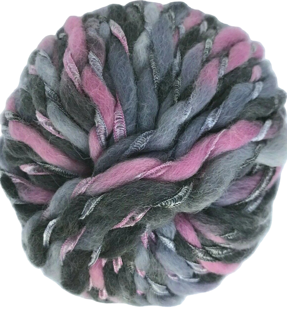 Ball of gray and pink yarn on a white background
