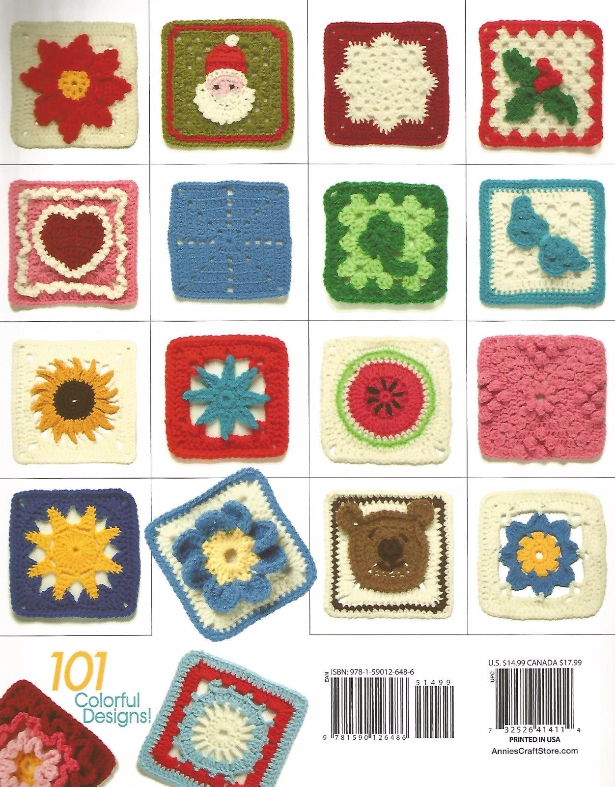 Collection of colorful crochet squares with various patterns on a white background.