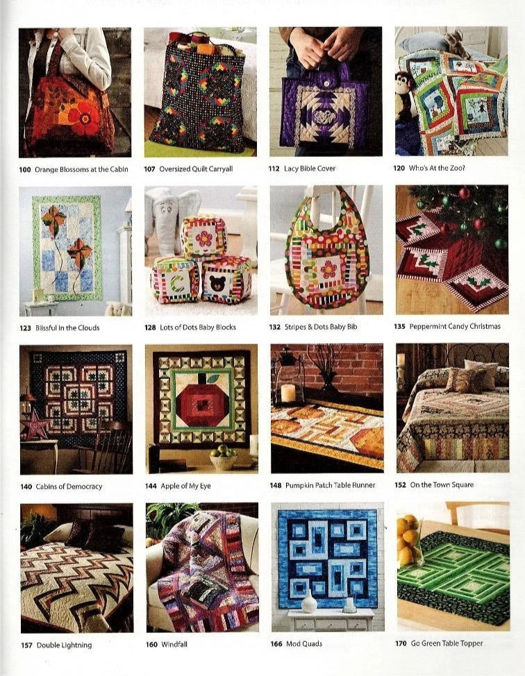 Collection of quilted bags and table runners with various patterns and designs.