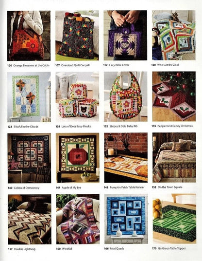 Collection of quilted bags and table runners with various patterns and designs.