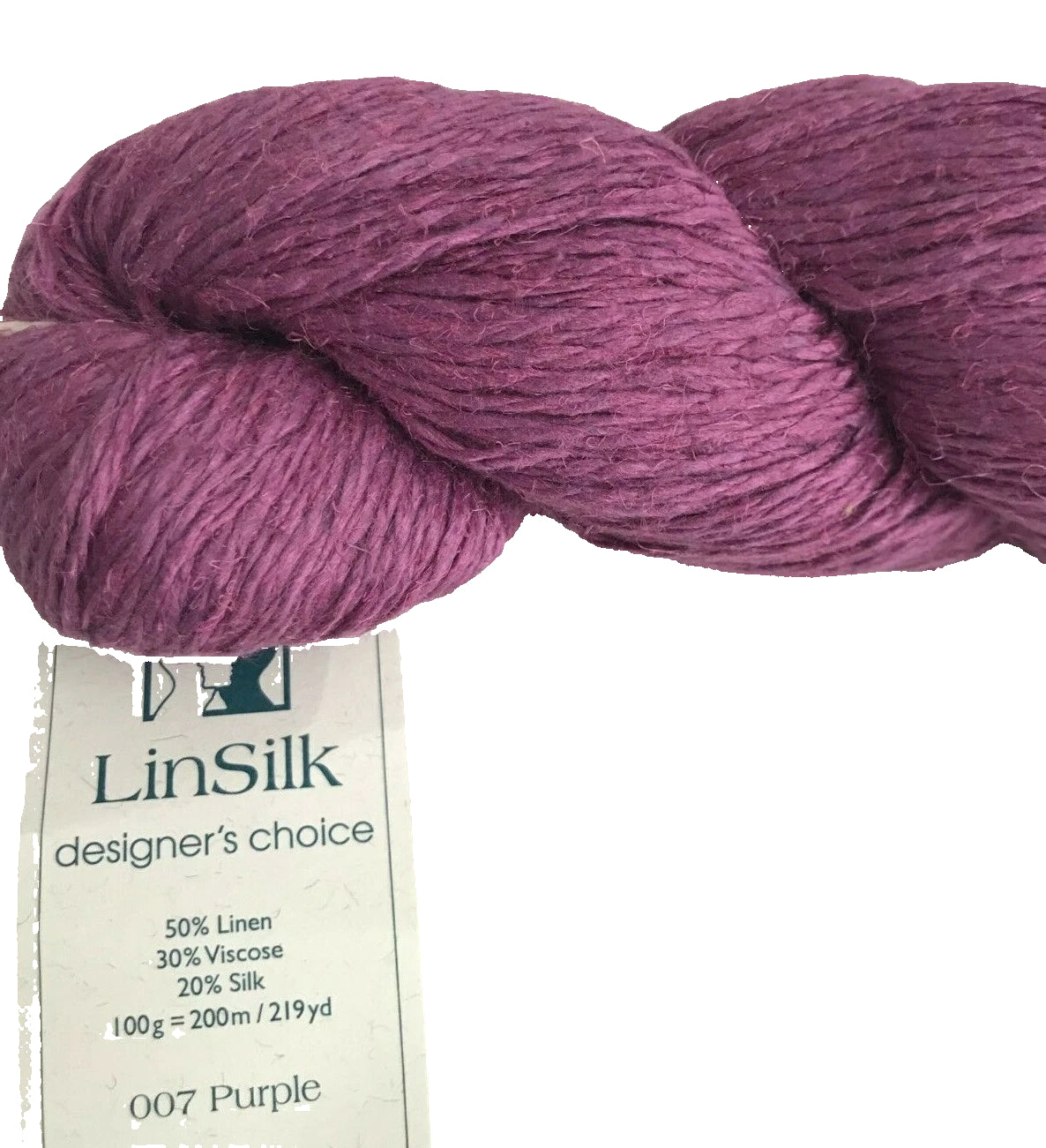 Purple skein of yarn with a LinSilk label on a white background