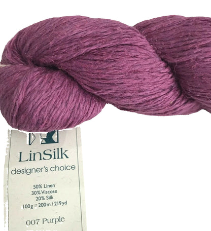 Purple skein of yarn with a LinSilk label on a white background