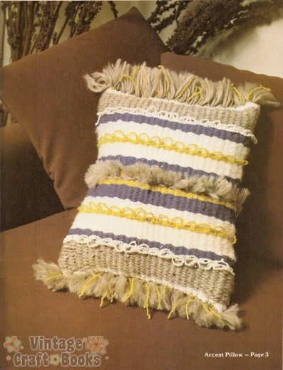 Striped woven pillow with fringe on a brown cushion, from a vintage craft book.