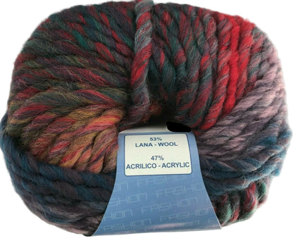 Multicolored skein of yarn with a label on a white background