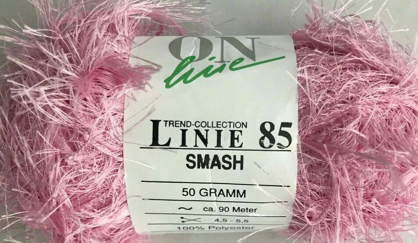Pink yarn with a label indicating 'Trend Collection Linie 85 Smash' on a white background
