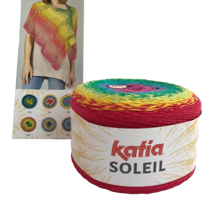 Katia Soleil yarn with a model wearing a colorful shawl and pattern chart in the background.