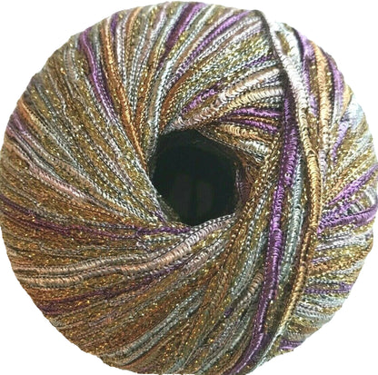 Multicolored yarn ball with a metallic sheen on a white background