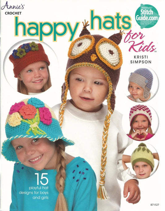 Book cover of 'Happy Hats for Kids' by Kristi Simpson featuring children wearing colorful crocheted hats.