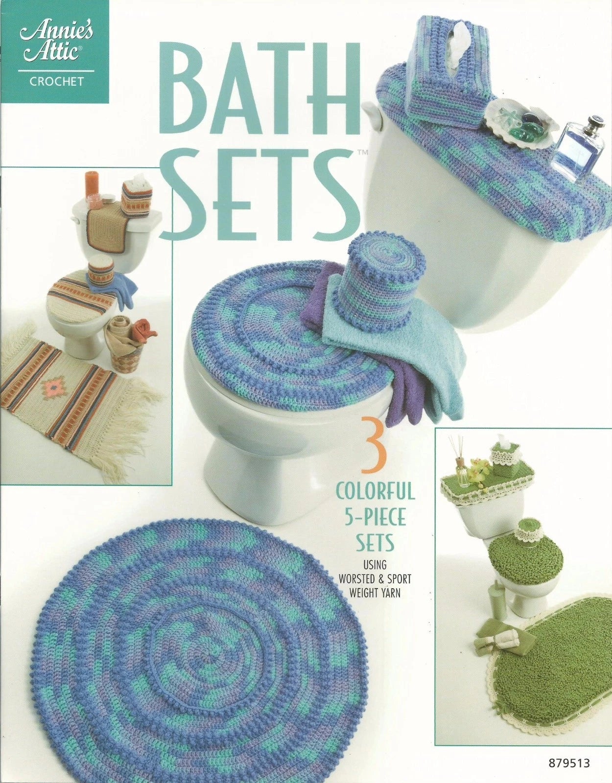 Crocheted bath sets with text 'Annie's Attic' and 'Bath Sets' on a white background.