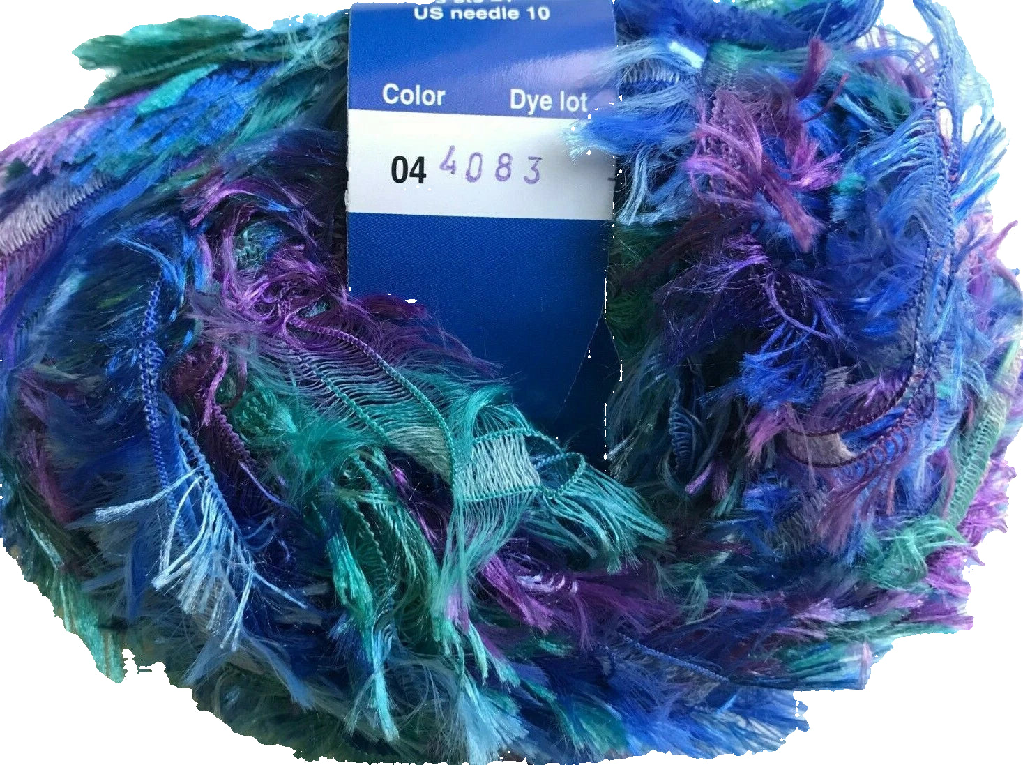 Multicolored yarn skein with a label on a white background