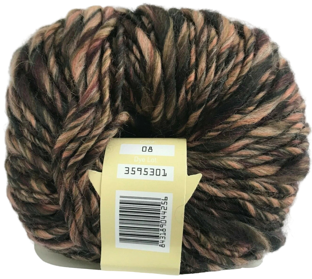 Multicolored yarn skein with a label on a white background