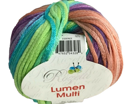 Multicolored yarn ball with a label on a white background