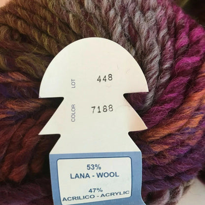 Yarn ball with a label indicating yarn composition and details
