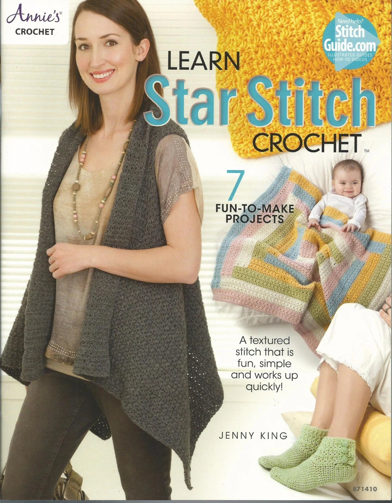 Book cover for 'Learn Star Stitch Crochet' by Jenny King featuring a woman and baby with crochet projects.