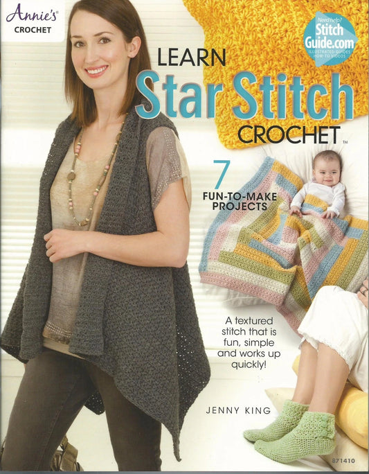 Book cover for 'Learn Star Stitch Crochet' by Jenny King featuring a woman and baby with crochet projects.