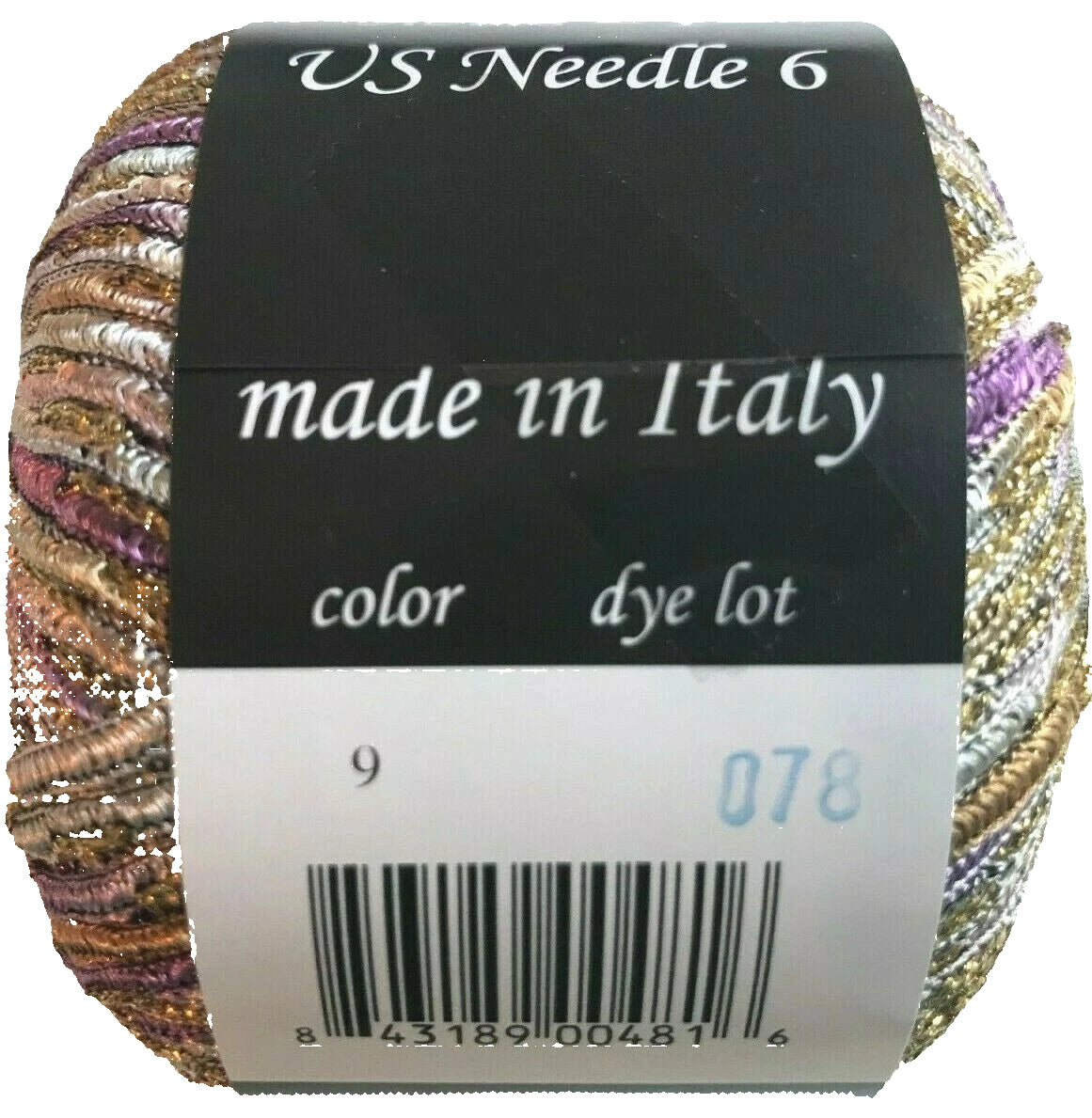 Multicolored yarn ball with a label indicating 'made in Italy' and product details.