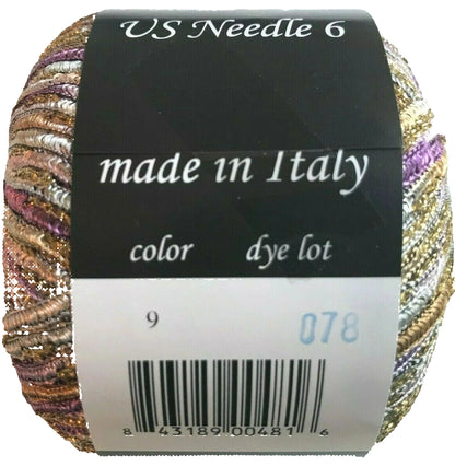 Multicolored yarn ball with a label indicating 'made in Italy' and product details.