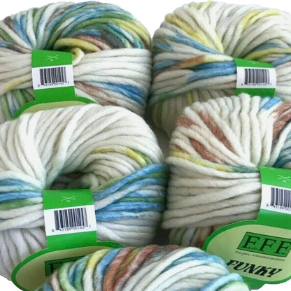 Five skeins of multicolored yarn with green labels on a white background