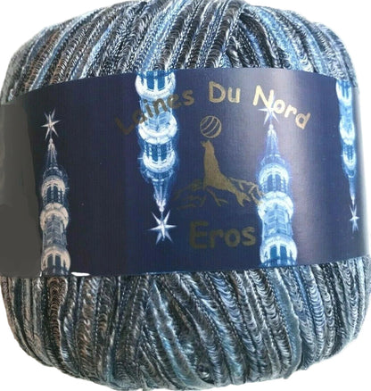 Ball of yarn with 'Laines Du Nord Eros' label on a white background