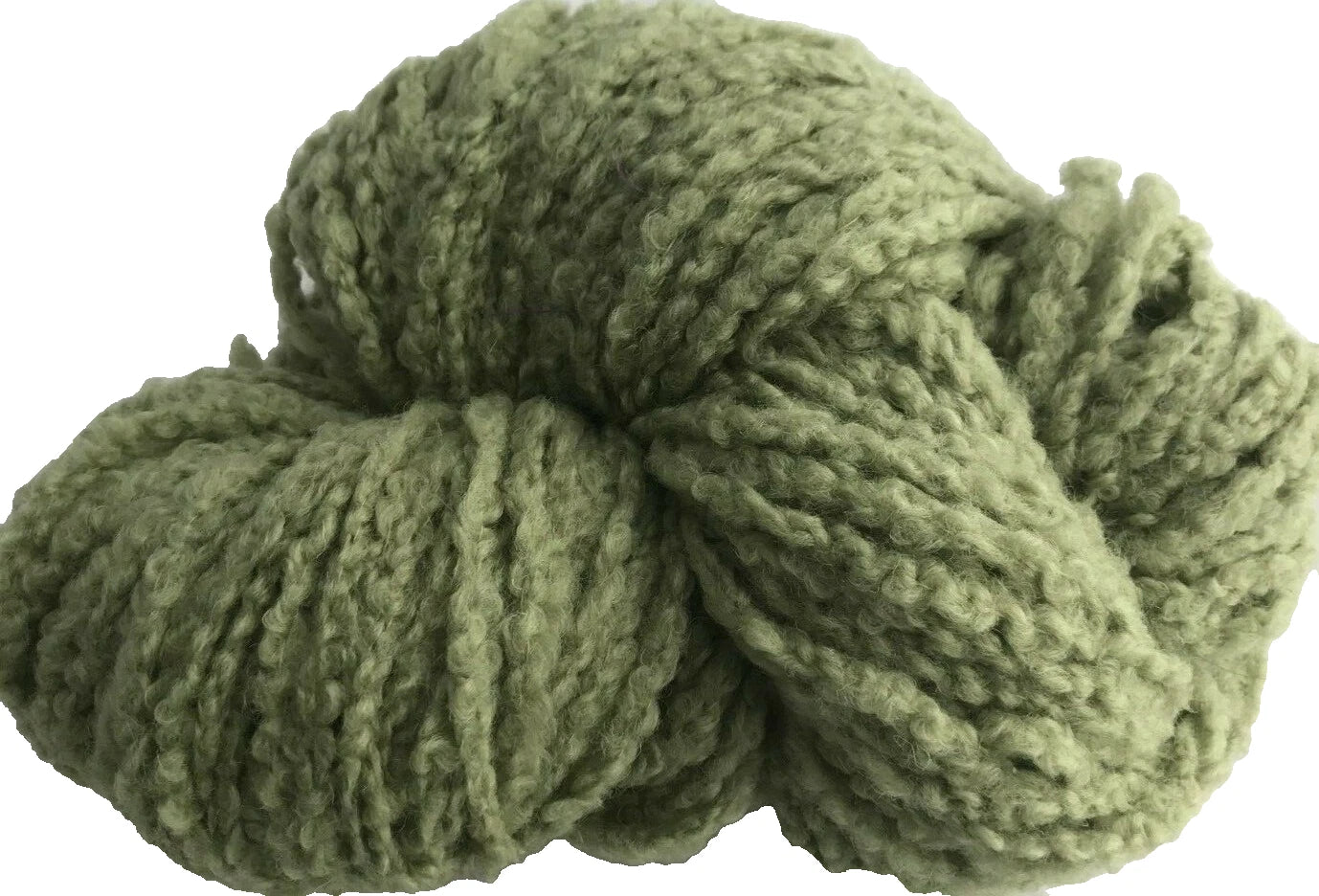 Green skein of yarn on a white background