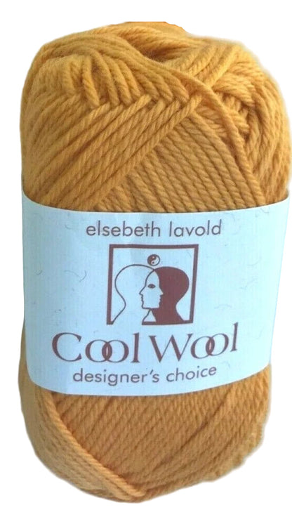 Ball of yellow yarn with 'elsebeth lavold Cool Wool' label on a white background