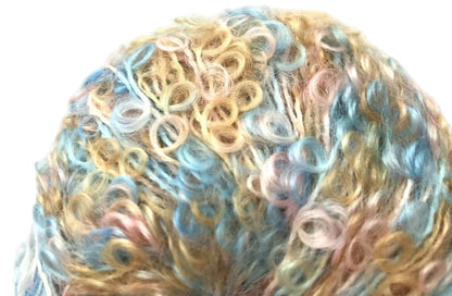Close-up of a ball of multicolored yarn on a white background