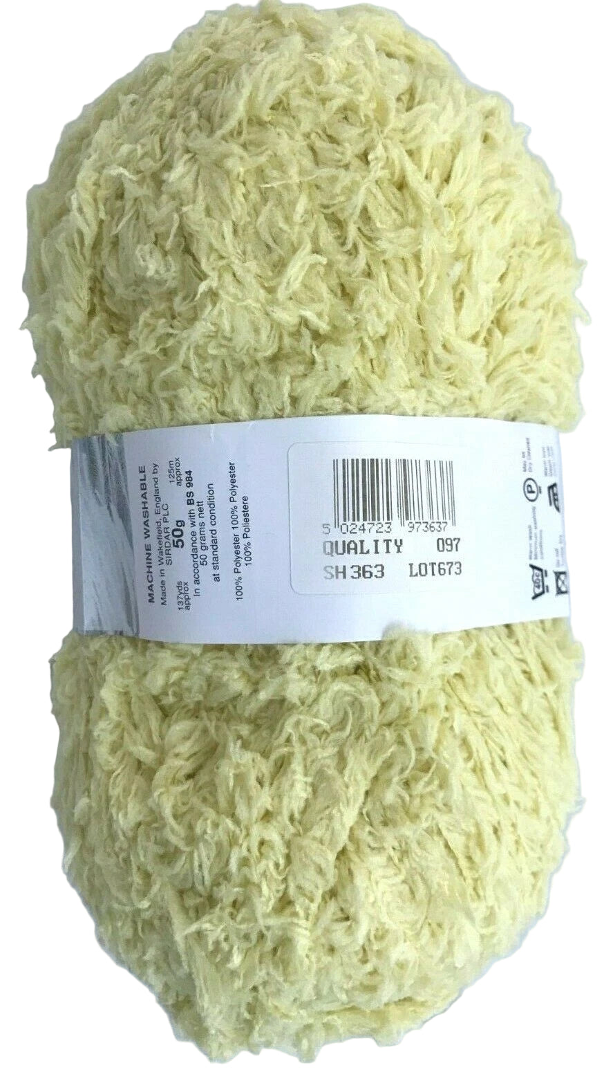 Light green skein of yarn with a label on a white background