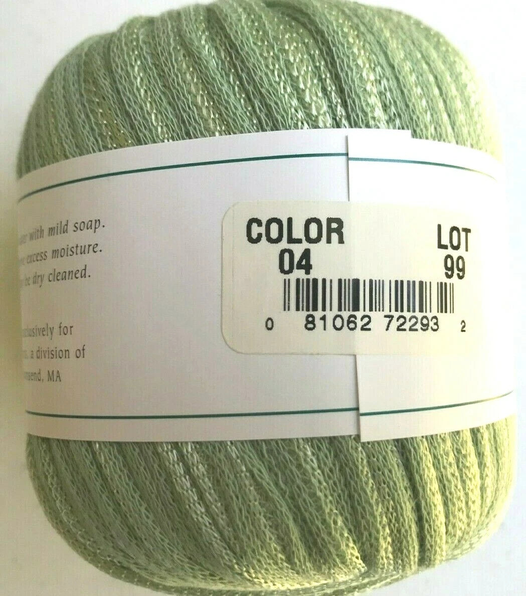 Green skein of yarn with a label on a white background