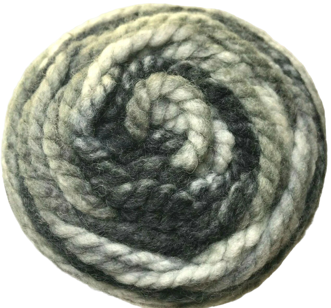 Coiled skein of gray and white yarn on a light background
