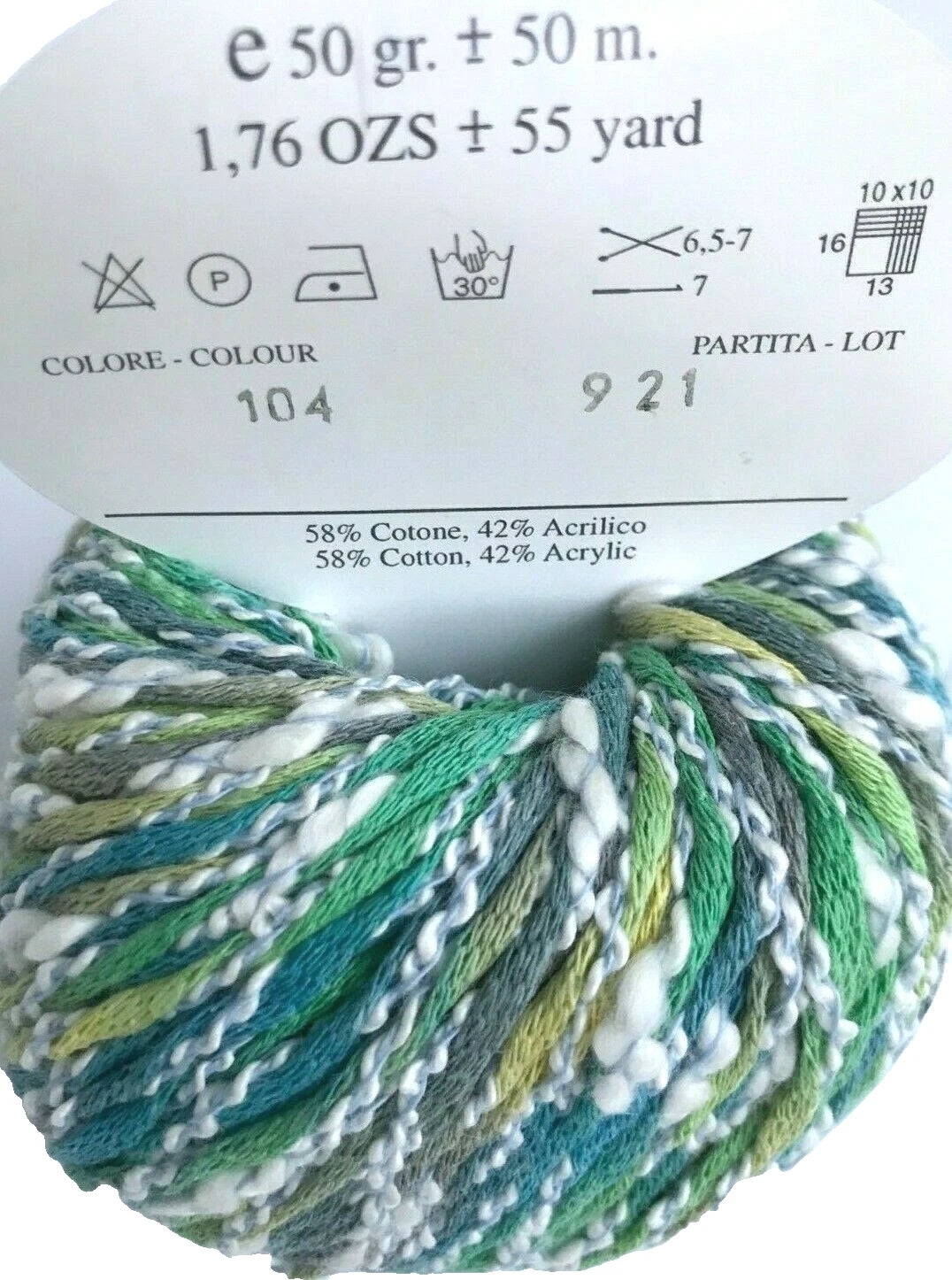 Multicolored yarn ball with label showing weight and composition details