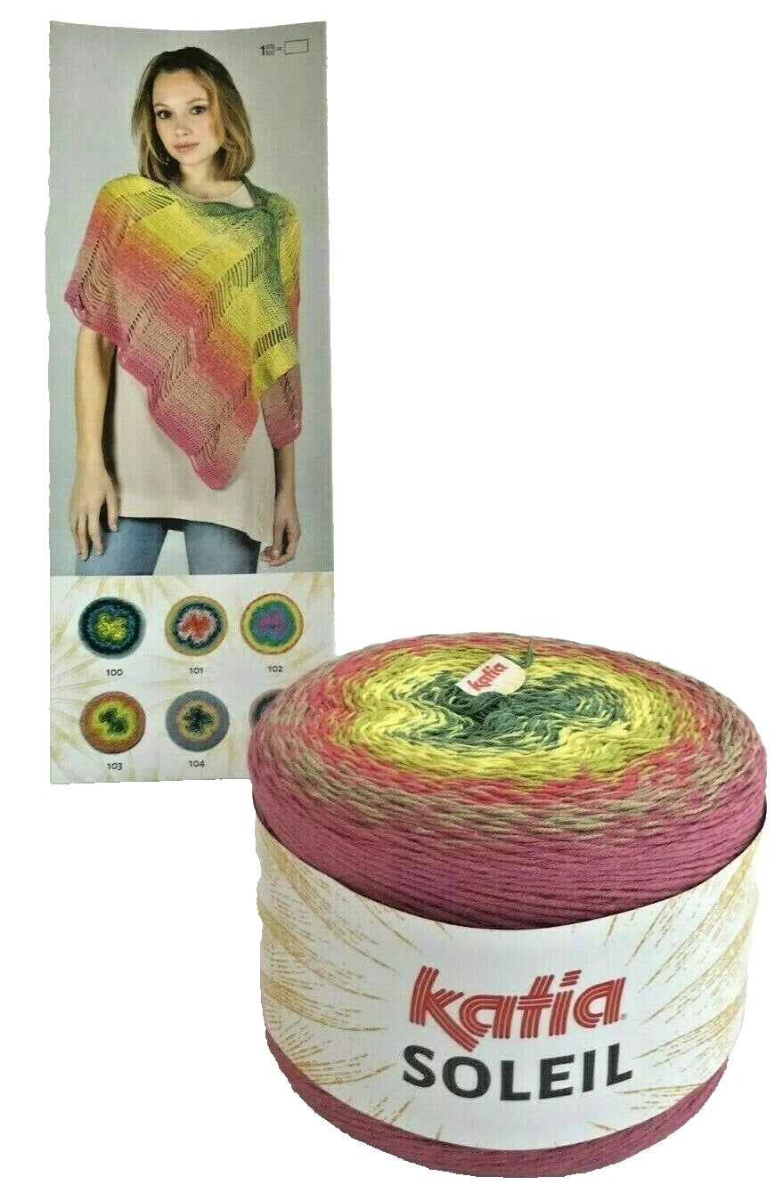 Multicolored yarn ball with 'Katia Soleil' branding next to a packaging display of a person wearing a colorful shawl.
