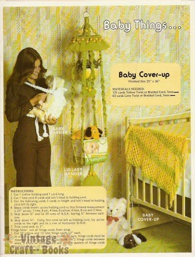 Vintage advertisement for baby cover-up with woman holding a baby and crib in the background.