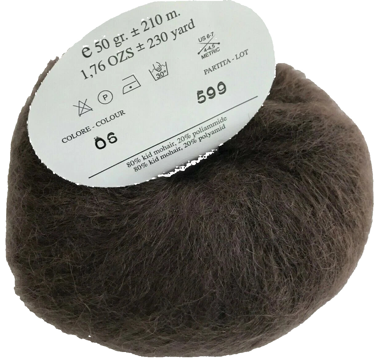 Ball of brown yarn with a label on a white background