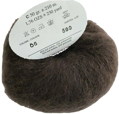 Ball of brown yarn with a label on a white background