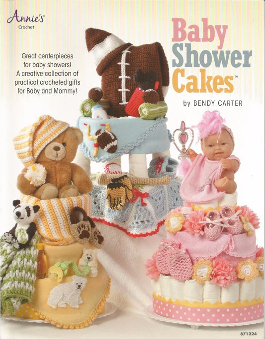 Book cover of 'Baby Shower Cakes' by Bendy Carter featuring crocheted baby shower cakes and toys.