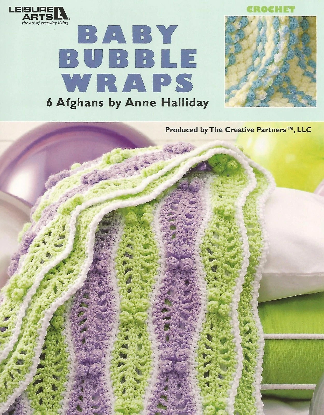 Crochet pattern book cover for 'Baby Bubble Wraps' by Anne Halliday with a colorful striped blanket.