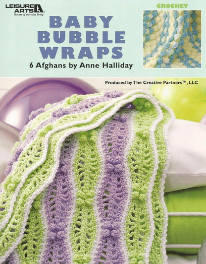 Crochet pattern book cover for 'Baby Bubble Wraps' by Anne Halliday with a colorful striped blanket.