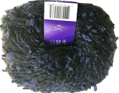 Ball of dark yarn with a purple label on a white background