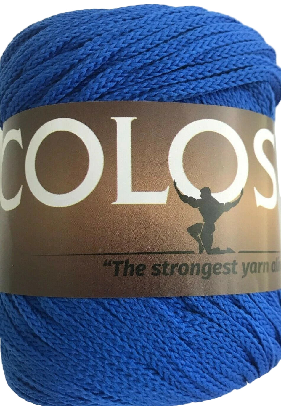 Blue yarn ball with 'Colos' label on a white background