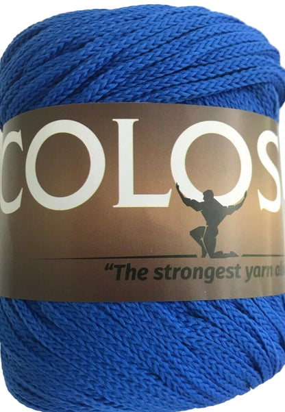 Blue yarn ball with 'Colos' label on a white background