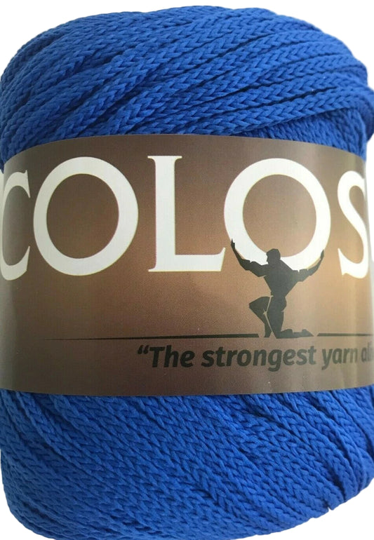 Blue yarn ball with 'Colos' label on a white background