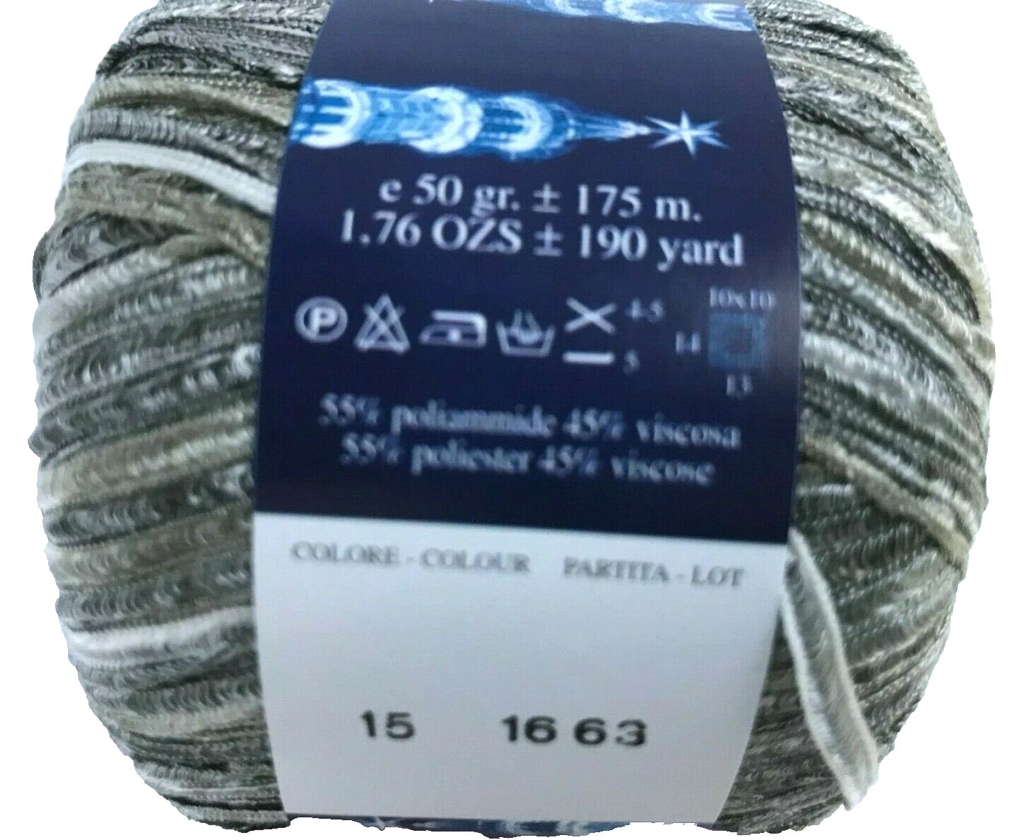 Ball of yarn with a label showing specifications and care instructions.