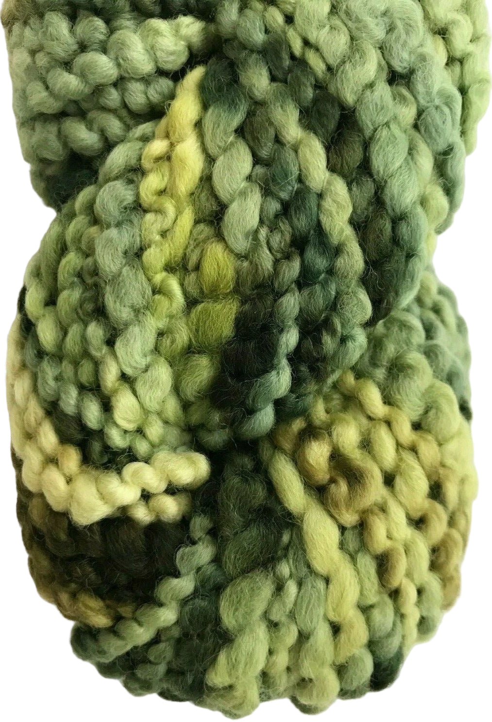 Three skeins of green yarn with a gradient effect on a white background