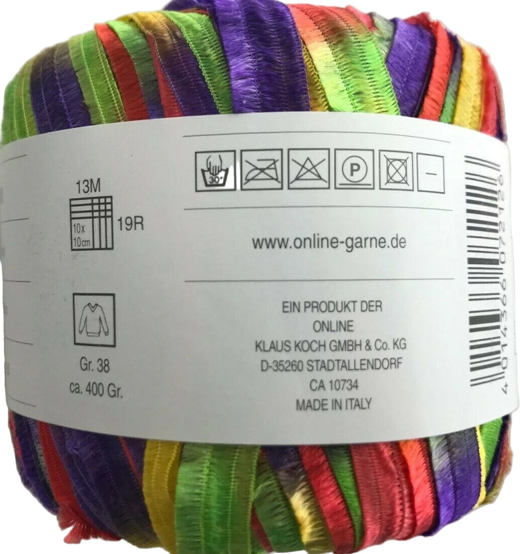 Multicolored yarn ball with label showing brand information