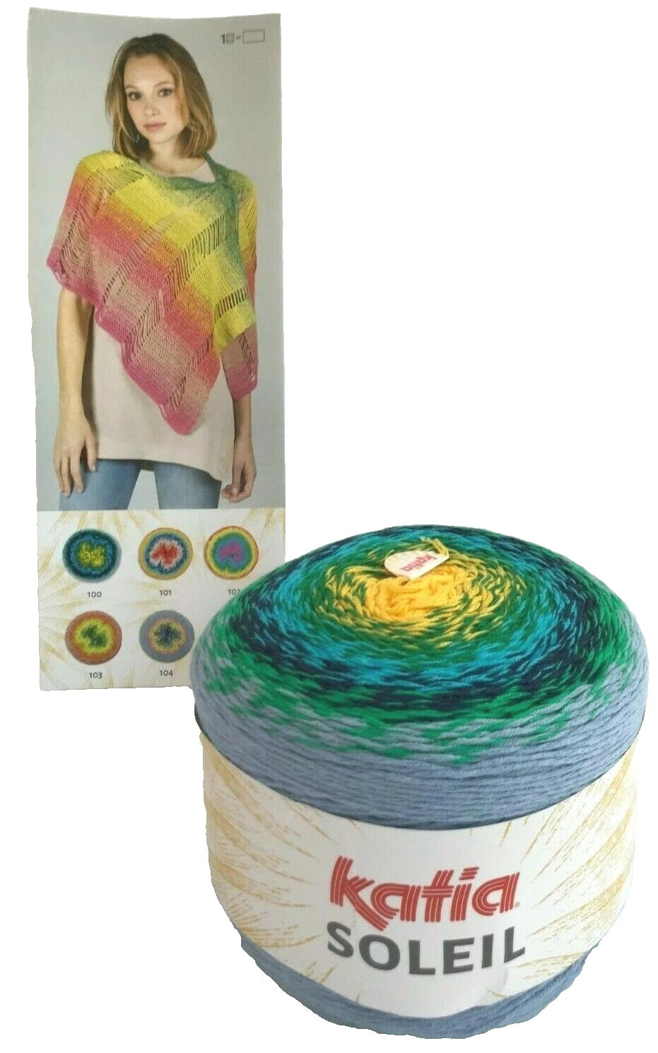 Ball of yarn with 'Katia Soleil' branding and a model wearing a colorful shawl in the background.