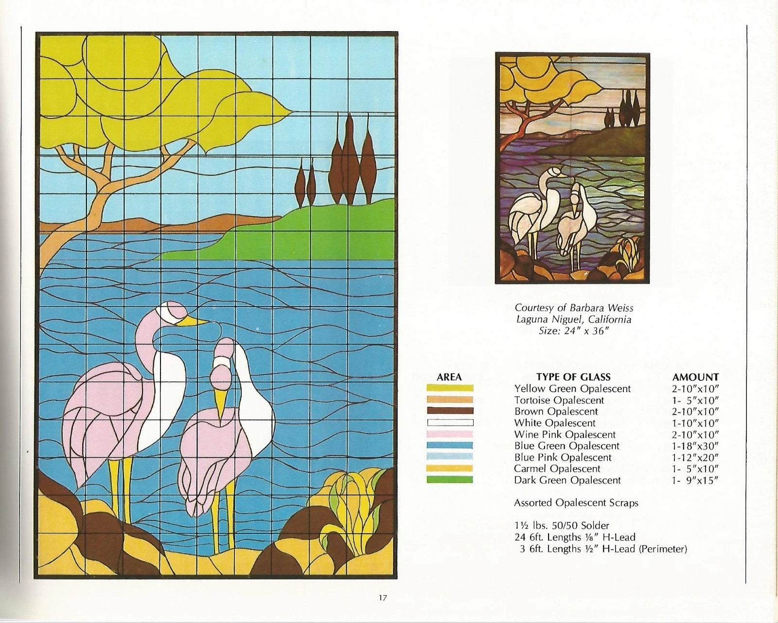 Stained glass design with two birds by a lake, labeled with glass color and amount.