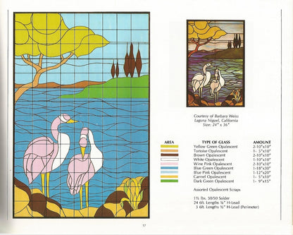 Stained glass design with two birds by a lake, labeled with glass color and amount.