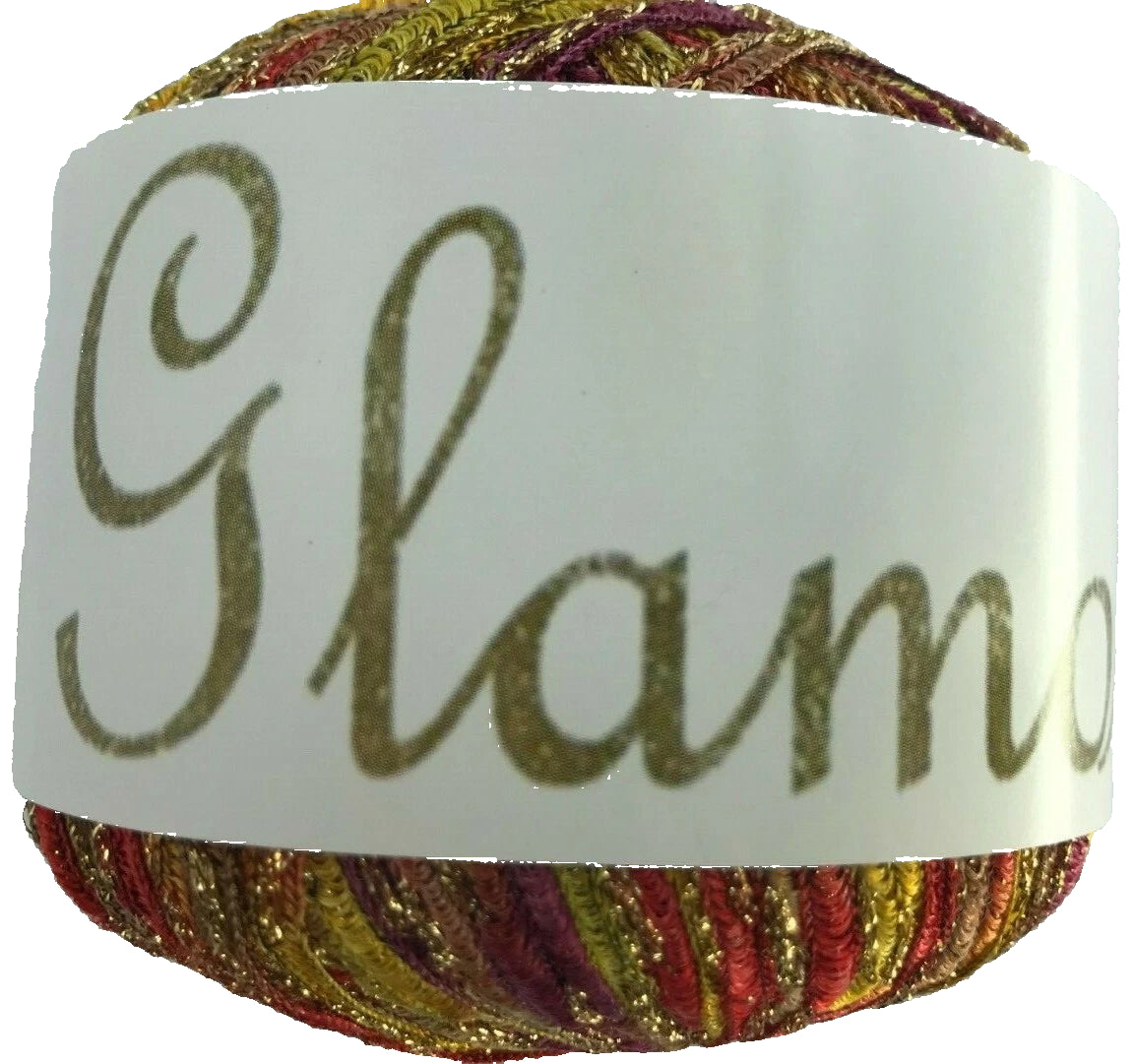Multicolored yarn ball with a 'Glam' label on a white background