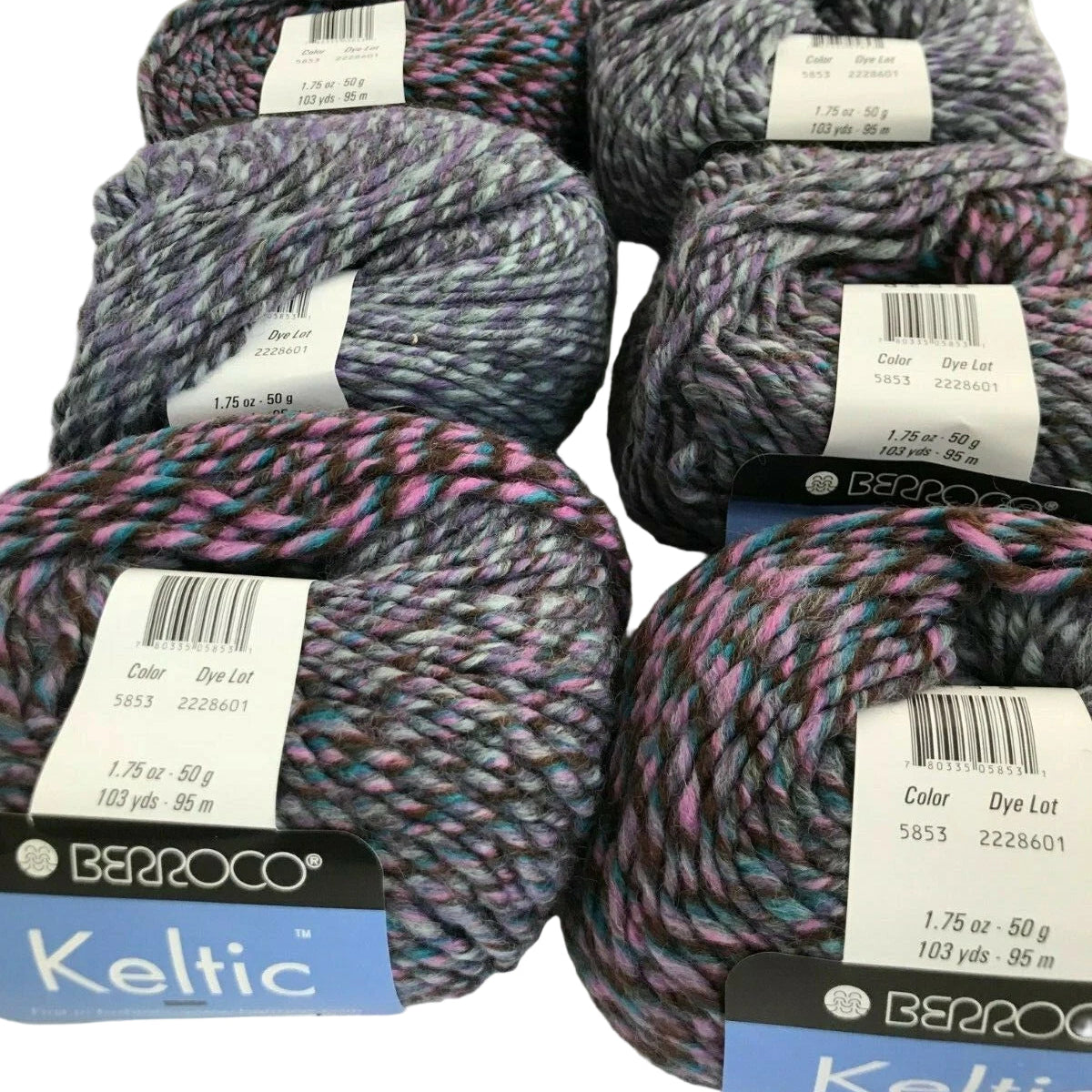 Multiple skeins of Berroco Keltic yarn with labels on a white background